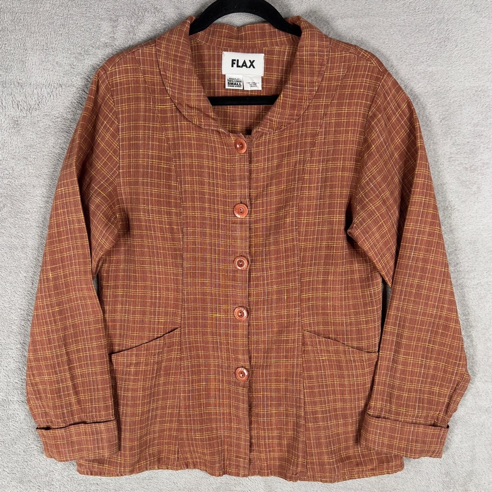 Flax 100% Linen Long Sleeve Button Front Shirt Jacket Women's Small Rust Brown